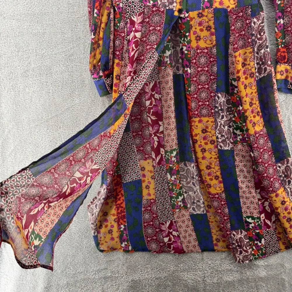 GILI Top Womens XXS Red Blue Patchwork Boho Sheer Button Up Midi Length Slit - Picture 10 of 16